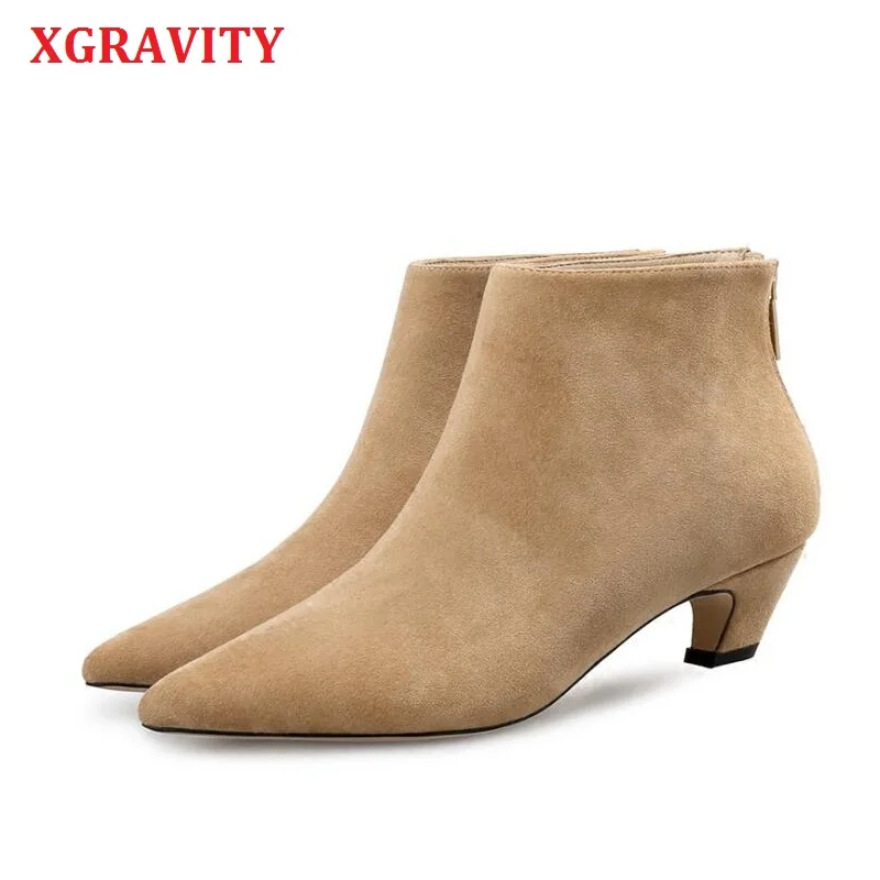 

XGRAVITY Лидер продаж, новинка 2023 года, модная весенне-зимняя обувь на высоком массивном каблуке с острым носком, женские ботинки на высоком каблуке, теплая обувь до щиколотки S085