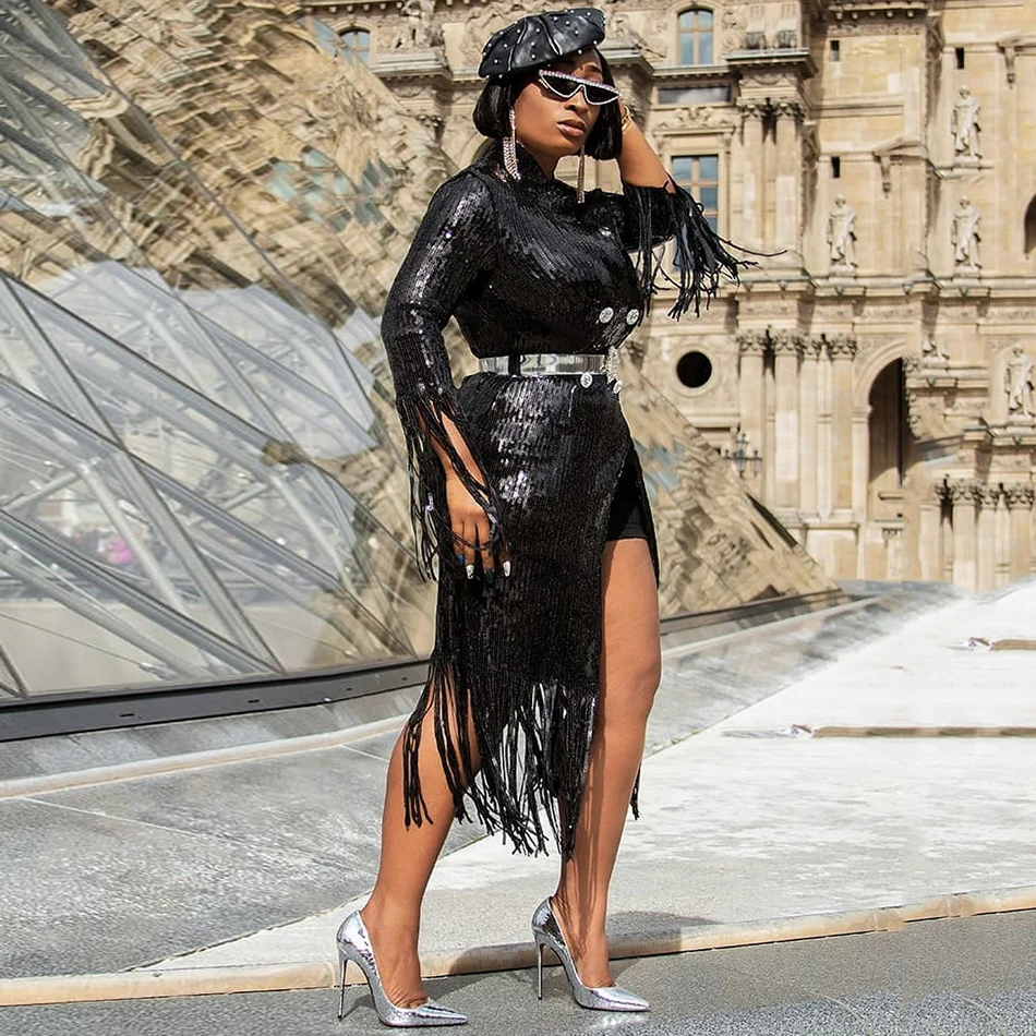 Женское вечернее платье с блестками роскошное черное длинным рукавом бахромой и