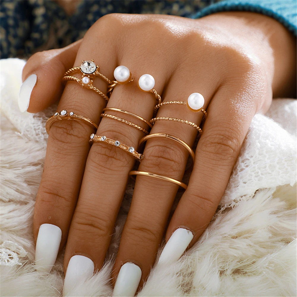 

LIMARIO Boho 8pcs/sets Luxury Pearl Opening Rings Sets for Women Fashion Clear Crystal Stone Simple Jewelry Wholesale