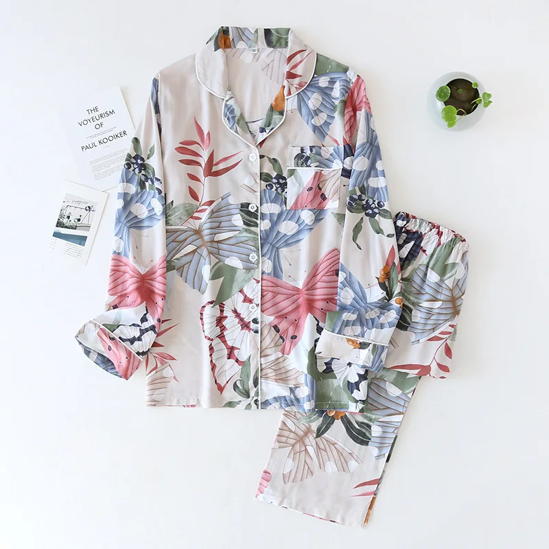 

2021 Spring Summer Cotton Satin Full Sleeved Cardigan+Pants Women's Flower-Shaped Pajamas Set Lapeled Thin & Cool 2Pcs Homeware