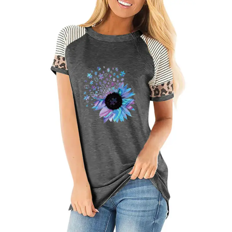 

Womens Ladies Leopard Stripped Short Sleeve T-Shirt Blouse Pullover Casual Tops