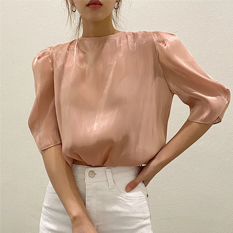 

ZAWAHIKI Korean Elegant Fashion Women's Shirt Summer 2021 O-Neck Drawstring Puff Sleeve Solid Tops Loose Half +sleeve Blouse