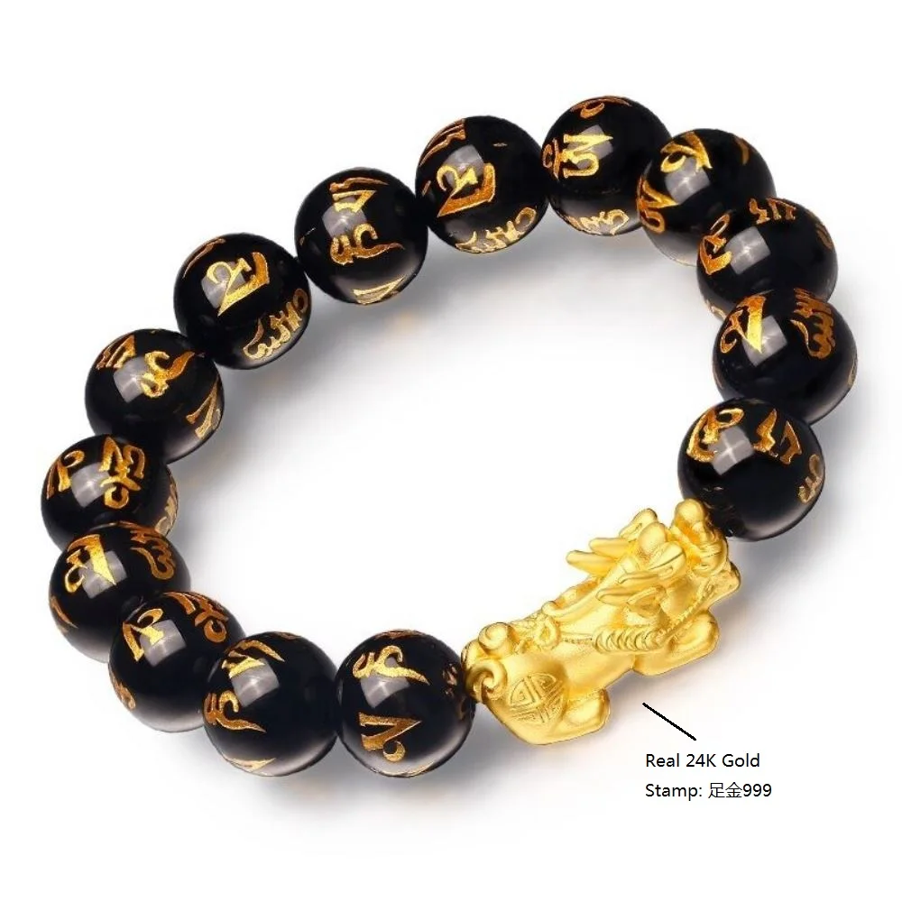 

Genuine 24K Yellow Gold Bless Pixiu with 10mm Black Agate Beads Bracelet Length from 5" to 15"