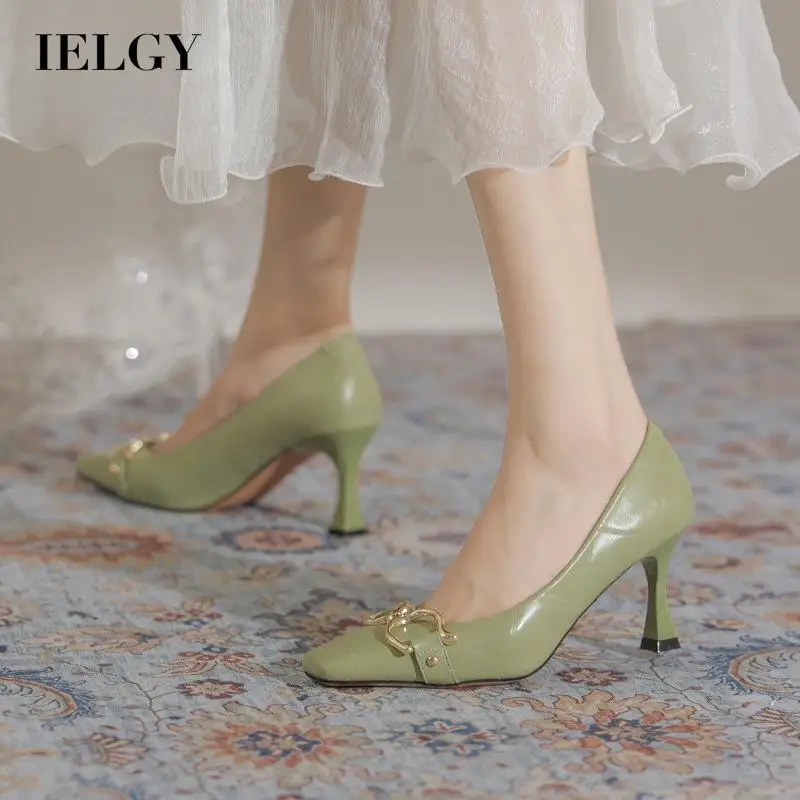 

IELGY French square toe plaid casual high heels