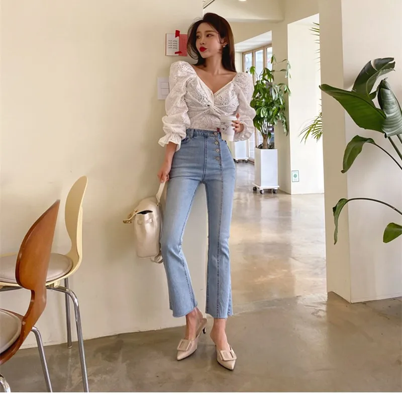 

2020 Korean version of the new jeans high waist thin irregular single-breasted light-colored flared pants