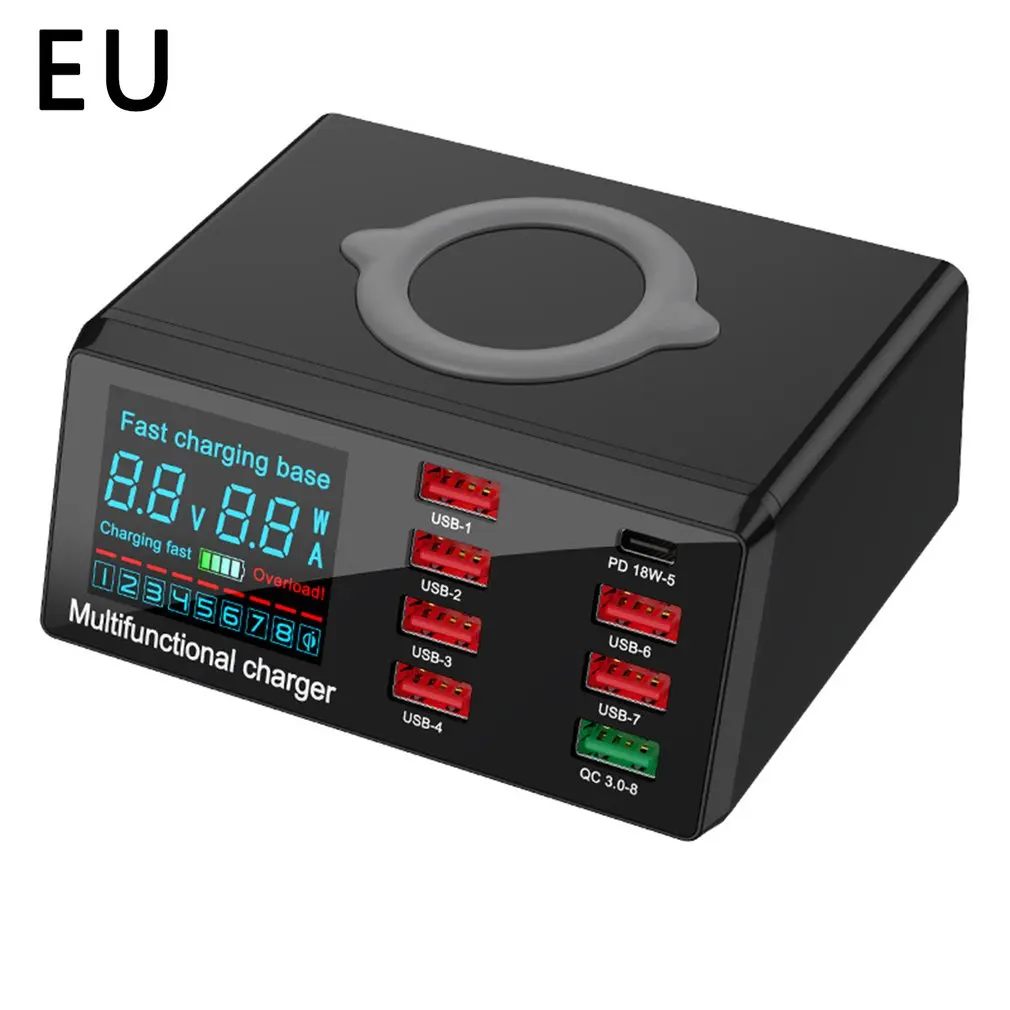 

QC3.0 Fast Charging 100W Multi-port USB Charger PD18W Smart Digital Display Wireless Charging Mobile Phone Charger