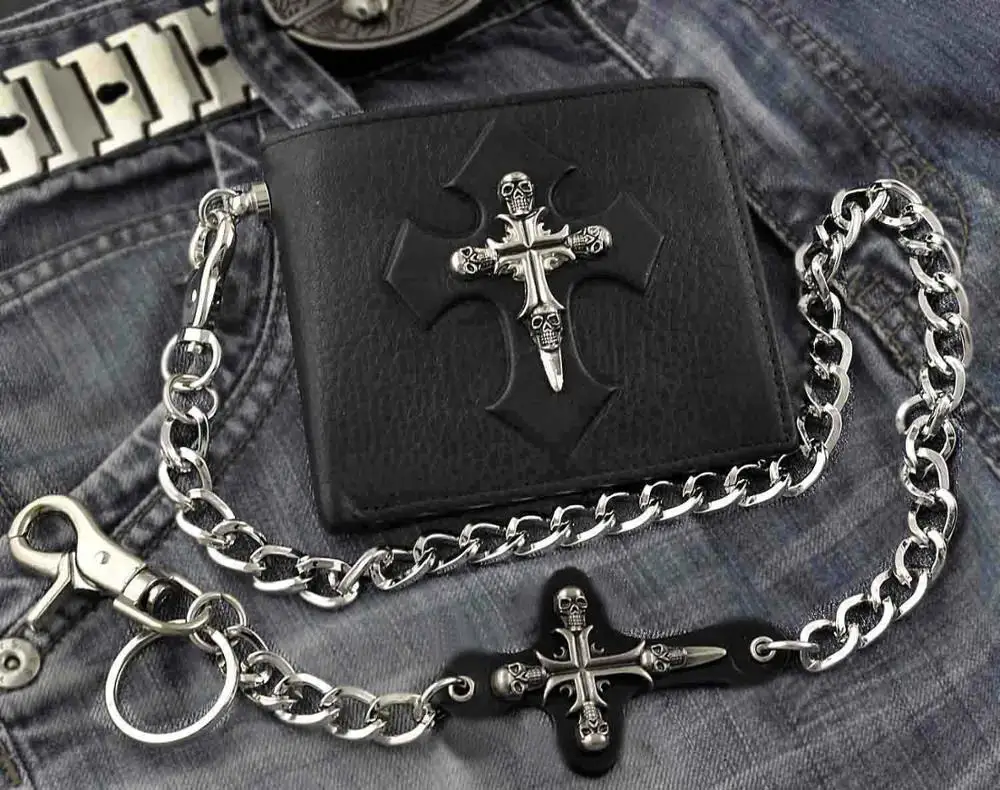 Череп крест мужской кожаный двойной ID бумажник для карточек и денег W/джинсы цепь