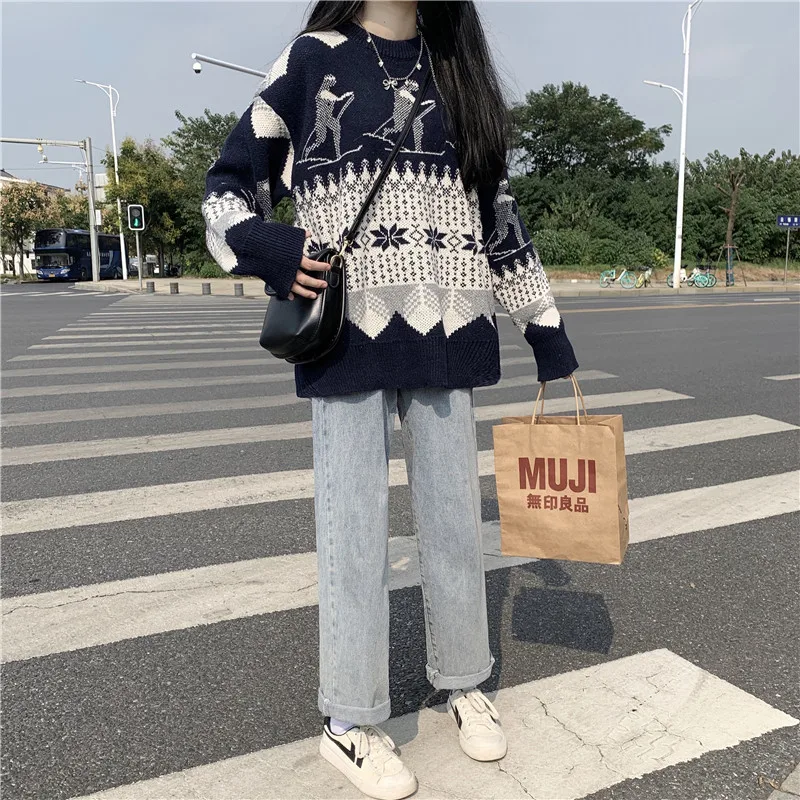 

Lazy Style Vintage Japanese Women Sweater Loose and Versatile Casual Oversize Sweater Female Long-sleeved Pullover Sweater