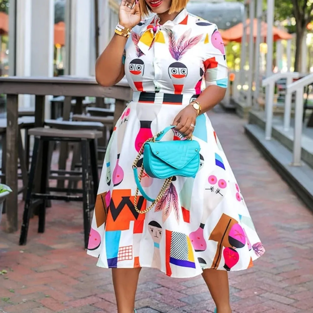 Модное женское платье рубашка с принтом в африканском стиле элегантное белое
