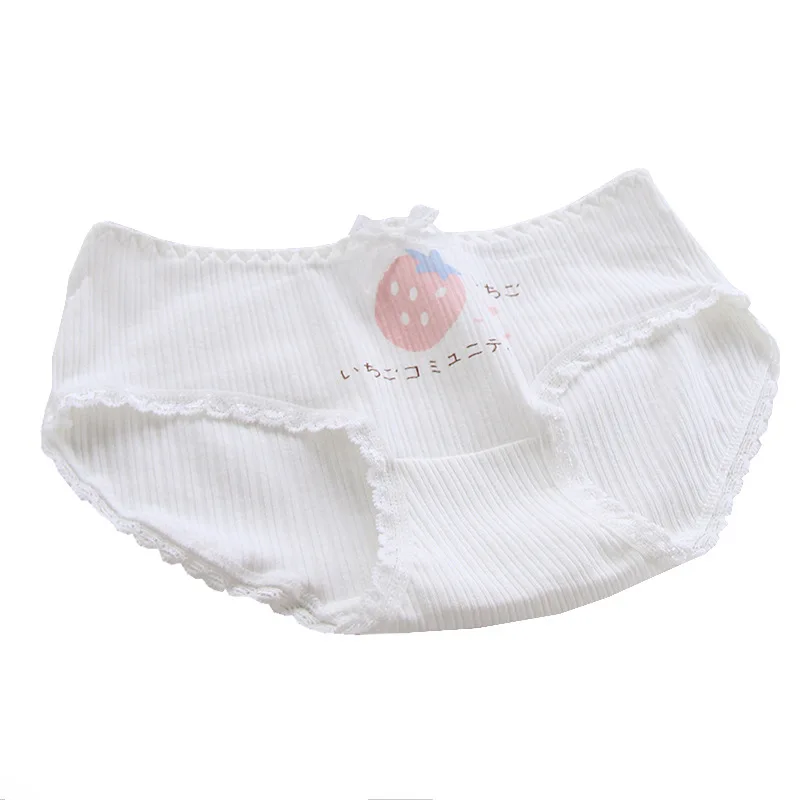 

5 Pcs Pack Korean style Women Panties Cotton Underpants Lingerie Bowknot Lace Girl Strawberry Heart Printed Briefs Set White