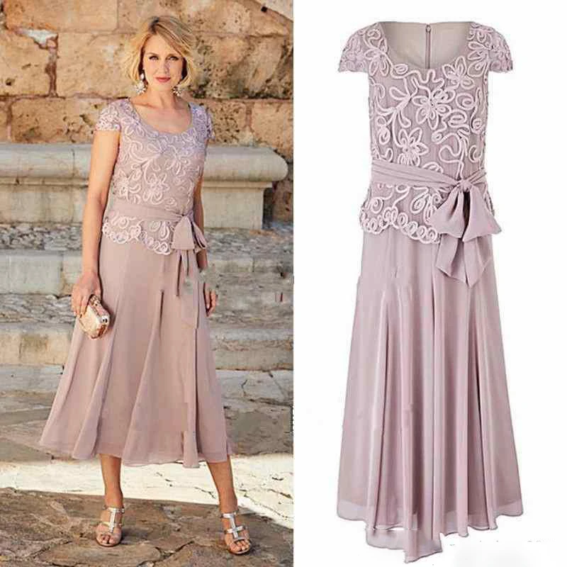 

2019 A Line Mother Of The Bride Dresses Tea Length Scoop Neck Lace Party Dress For Mothers Groom Formal Wear