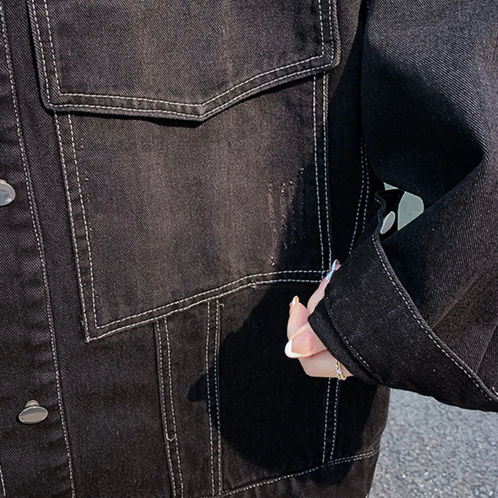 

Japanese Korean Version Jean Jacket 2021 Spring Summer Loose Casual Fashion Hipster Pocket Long Sleeve Lapel Single-breasted