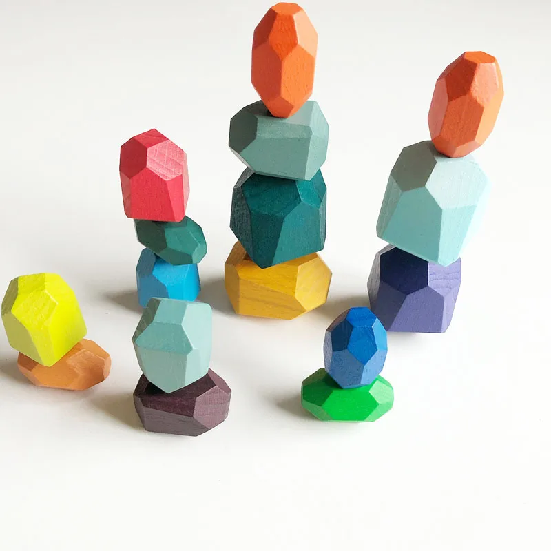 

Rainbow Colored Wooden Stone Building Block Educational Toys Creative Nordic Style Stacking Game Toys For Children Gift
