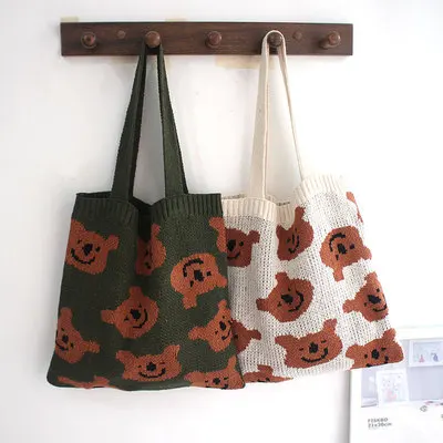

Knitting Cartoon Women Handbag Eco Small Shopping Bag Decoration Purses Woolen Cloth Tote For Ladies Top-handle Shoulder Bag