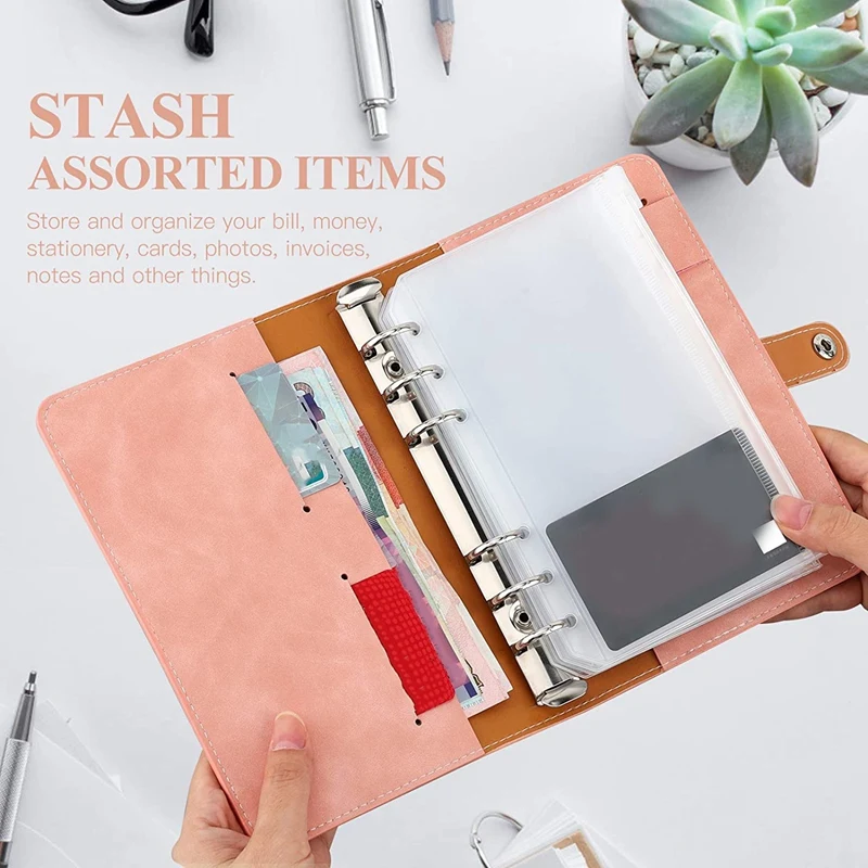 

6-Ring Notebook Binder PU Leather Loose Leaf Notebook Binder Cover with Clear Plastic A6 Binder Envelopes Pouches