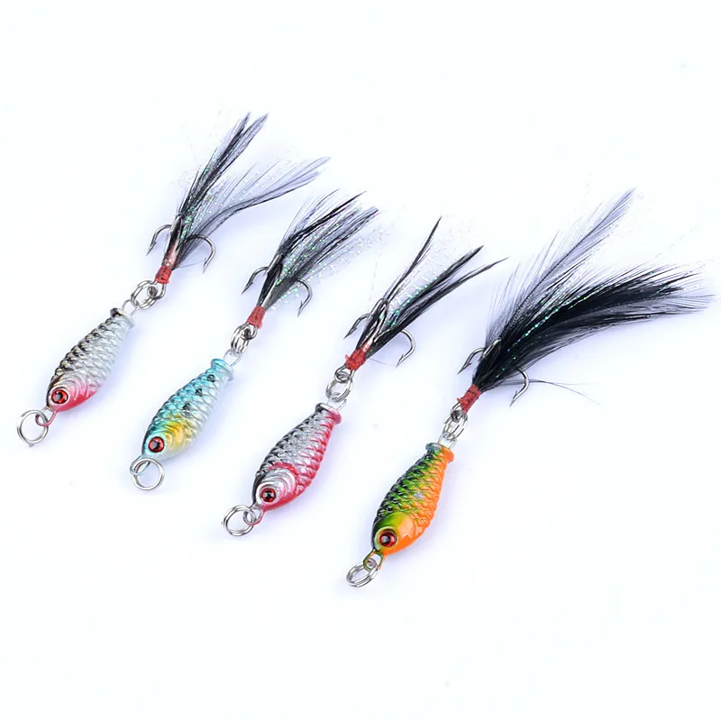 

4 color 3.2cm5g Mini Metal hard Fishing lure Artificial bait with feathers Metal Fishing lure