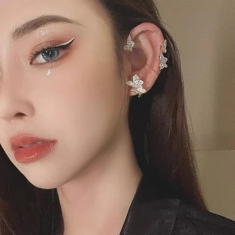 2021 клипсы в стиле панк с бабочкой Хрустальный ушной крючок для ушей серьги без