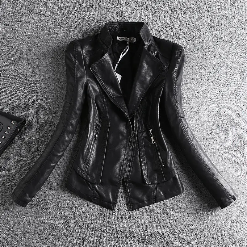 2021 Women Autumn Winter Pu Faux Leather Coat Female Slim Fur Collar Motorcycle Short Jacket Lady Casual  Outerwear H227