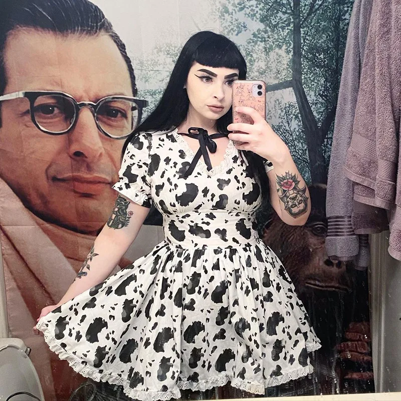 

Grunge Cow Printed Woman Dress Gothic Academia Short Sleeve High Waist Lace Up Mini Bodycon Dresses Y2k Princess Sundress Female
