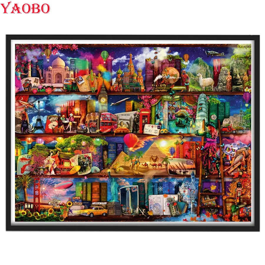 

5D DIY Rhinestones Diamond Painting Full Round Square Drill World City On Book Shelf Cross-stitch Kits Diamond Embroidery Mosaic