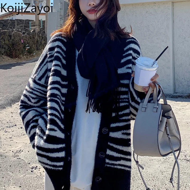

Koijizayoi Women Long Sleeve Mohair Knitted Cardigans Korean V Neck Zebra Striped Sweater Jackets Winter ThickLoose Button Coat