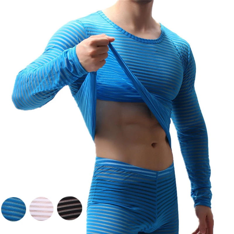 Мужские футболки с длинным рукавом белые дышащие сетчатые в полоску сексуальное