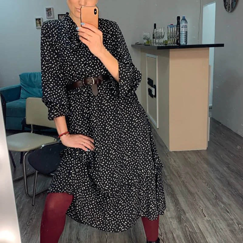 

New Spring Bow Neck Petal Sleeve Print Black Navy Chiffon Loose Big Size Dress Women Fashion Tide Elegant Ladies Long Dresses