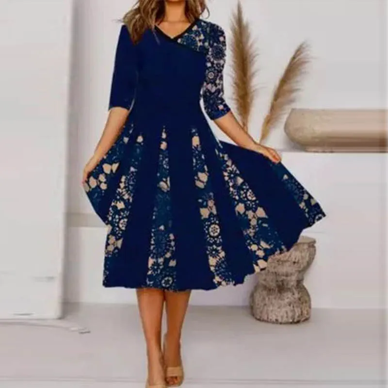 

Vintage Women Butterfly Print Party Dresses Spring V Neck Patchwork A-Line Midi Dress Autumn Fashion Long Sleeve Ruffle Vestidos