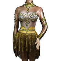 shiny rhinestone women mini dress long sleeve gold glitter fringe dress evening party costume nightclub singer dance stage wear