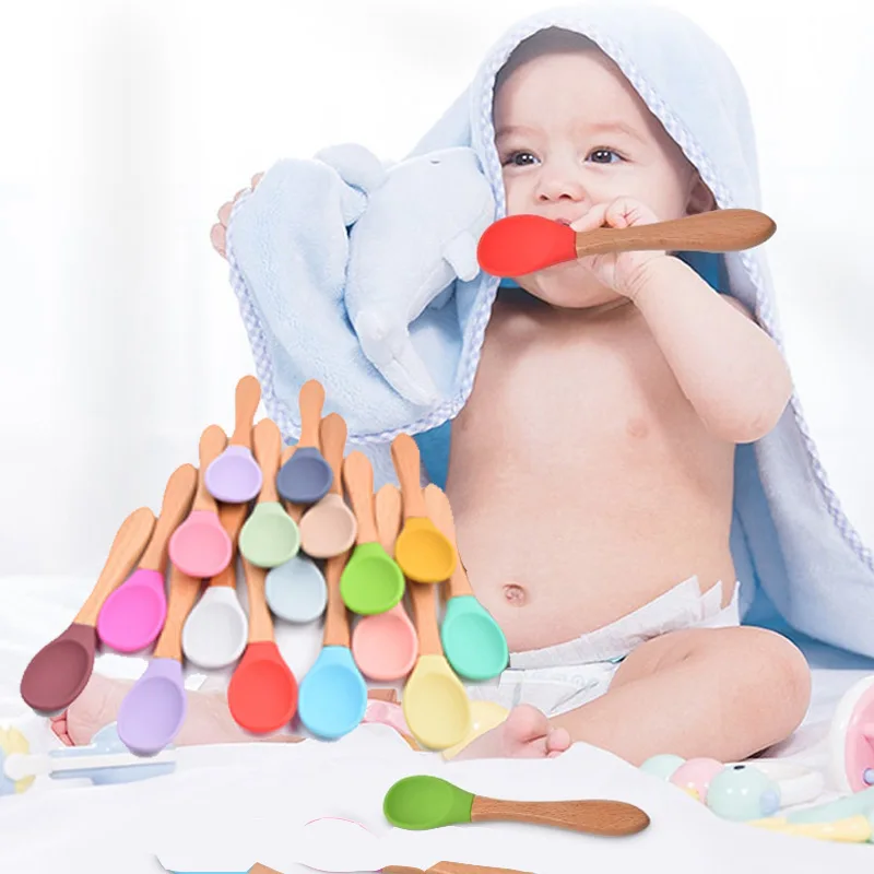 

Feeding Wooden Handle Silicone Spoon For Baby Utensils Eat Soild Food Kids Training Manipulative Ability Children's Tableware