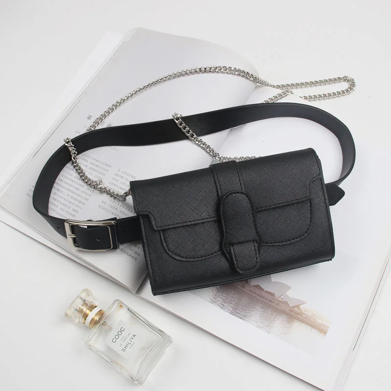 

Поясная Сумка из ПУ кожи для женщин, модный дорожный мессенджер большого размера с металлической цепочкой и клапаном, сумочка-кошелек, черн...