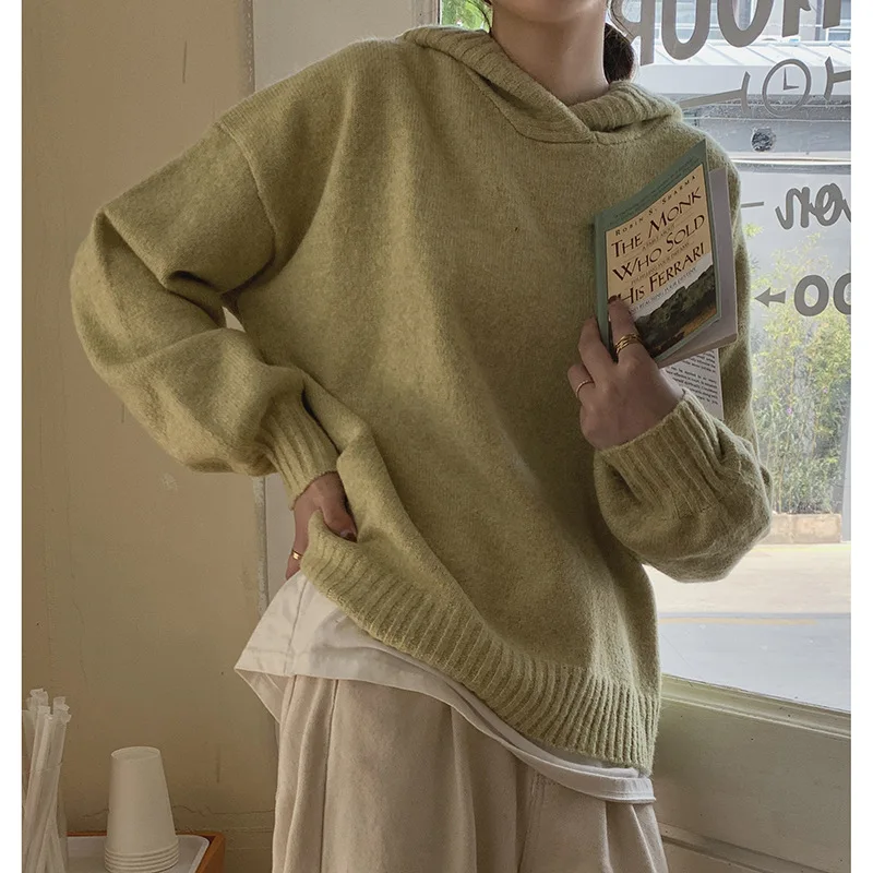 

Однотонный пуловер с капюшоном, женский свитер, Осень-зима 2021, свободная простая верхняя одежда, вязаный Топ оверсайз с длинным рукавом, дже...
