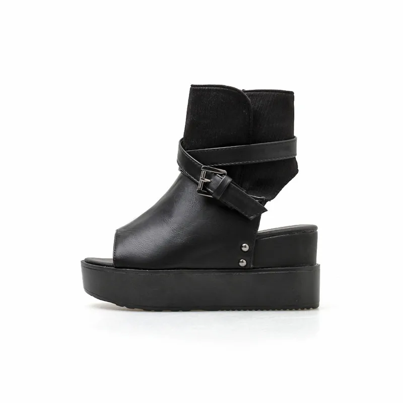 Женские сетчатые ботильоны YMECHIC черные на платформе с открытым носком и ремешком