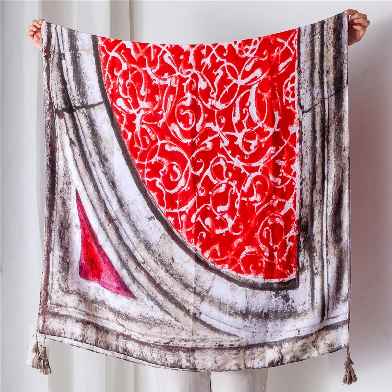 

2020 ethnic style seaside red Shawls popular Print silk Scarves summer Sunscreen Beach towel lady winter Cotton and Linen Scarf