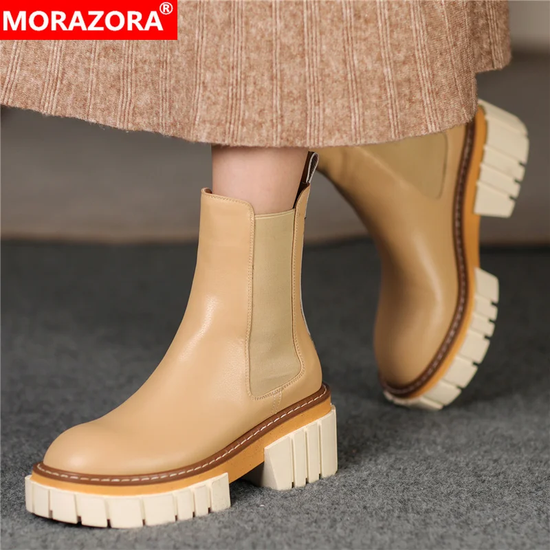 

MORAZORA Plus Size 34-43 New Genuine Leather Ankle Boots For Women Platform Shoes Chelsea Boots Female Square High Heels Botas