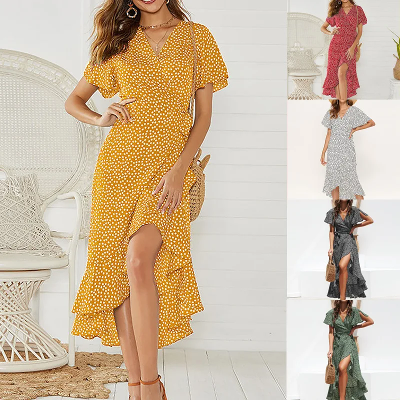 

Women's Summer 2020 Digital Printed Chiffon Short Sleeve Long Dress Sexy V-neck Beach Wrap Dress Vestido polka dot dress robe