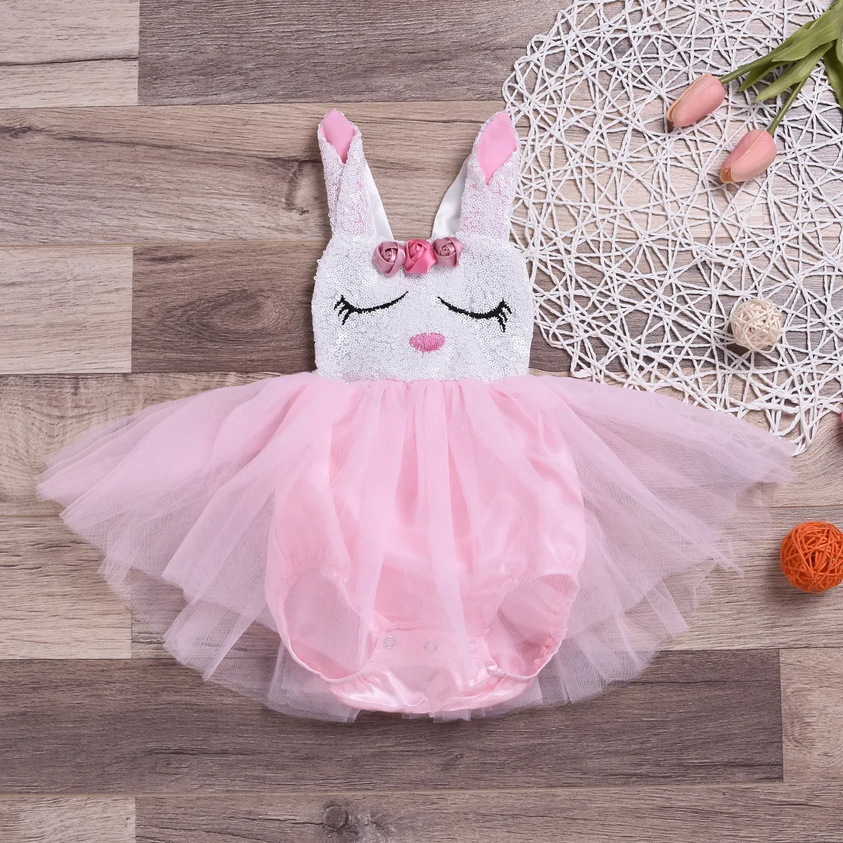 

2022 Easter Bunny Baby dress Pink Bunny Tulle Dress Infants children's wear summer pink princess Clothes mesh Romper