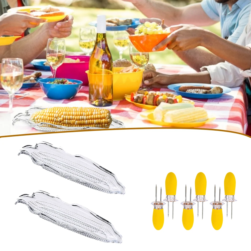 

2PCS Corn Trays + 8PCS Corn Cob Holders Plastic Corn Dishes Service Tray Transparent Cob Dinnerware for Butter Corn BBQ Tools