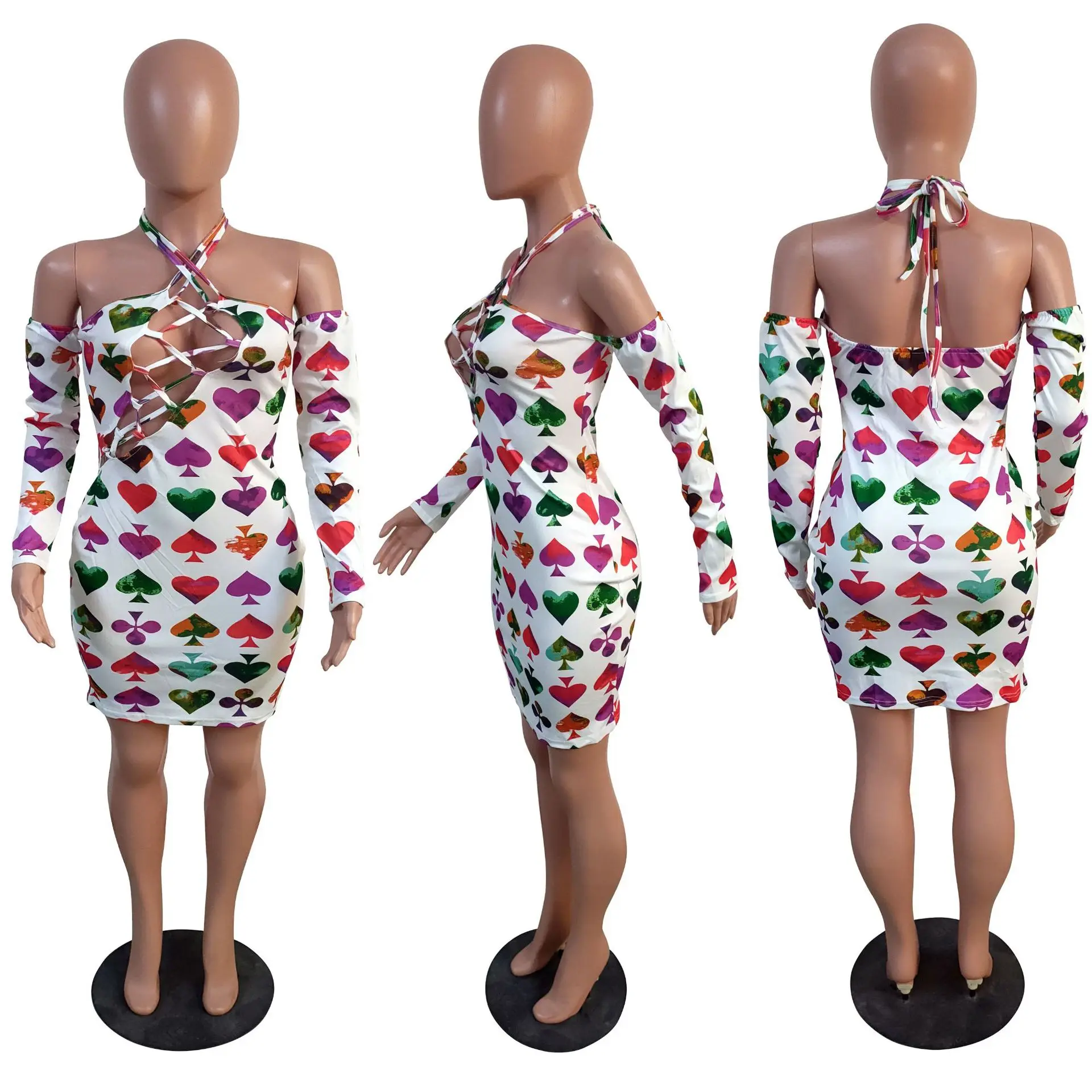 

Solid Color Poker Spades Q Print Lace Up Backless Bodycon Dress Summer Hot Style European and American Sexy Women Outfits