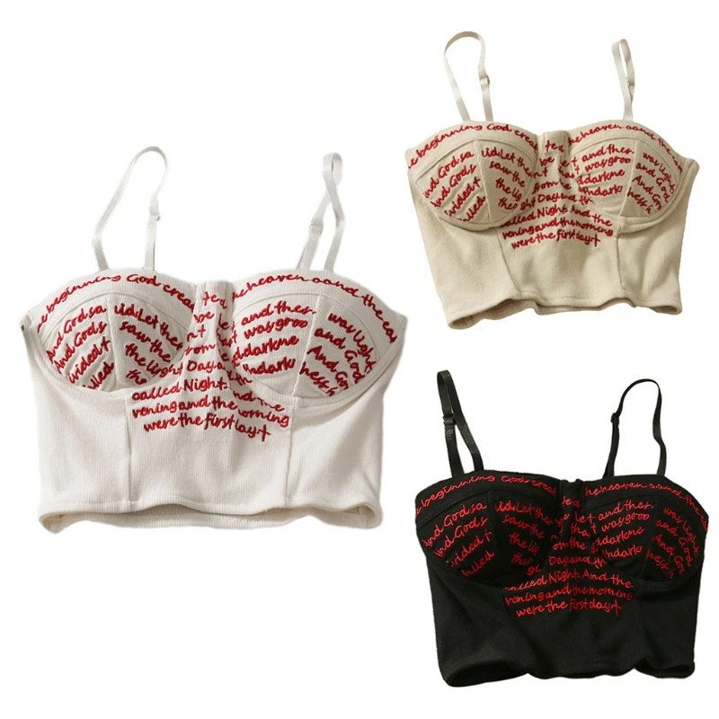 

M89E женский укороченный топ на бретелях-спагетти в стиле Харадзюку С Вышивкой Букв ребристый вязаный тонкий корсет майка без рукавов рубашк...