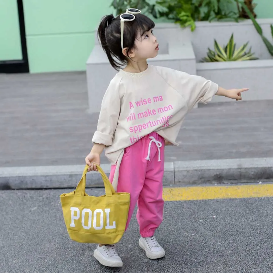 Новинка детская одежда футболка с буквенным принтом + штаны 2 шт. для девочек