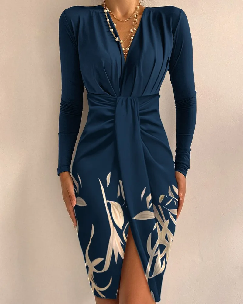 

Women Long Dress Sheath Slim Floral Printed Long-Sleeved Dress V-neck Design Sheath Silk Slim High Waist Knee Length