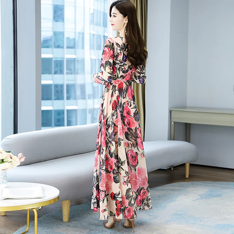 

2021 spring and autumn new temperament waist slim slimming over the knee foreign style aging popular long skirt chiffon dress