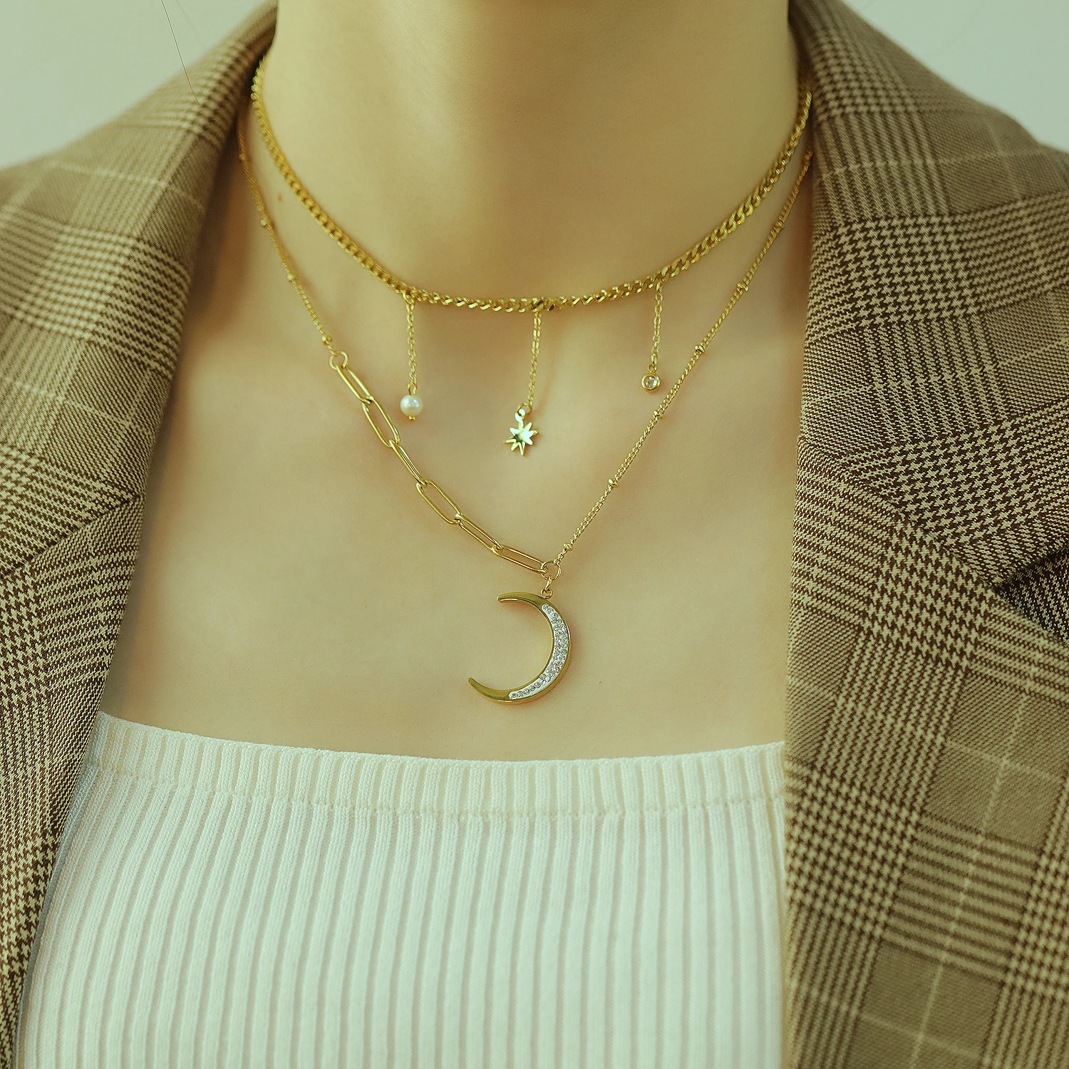 Женское многослойное ожерелье цепочка из нержавеющей стали с кристаллами луной