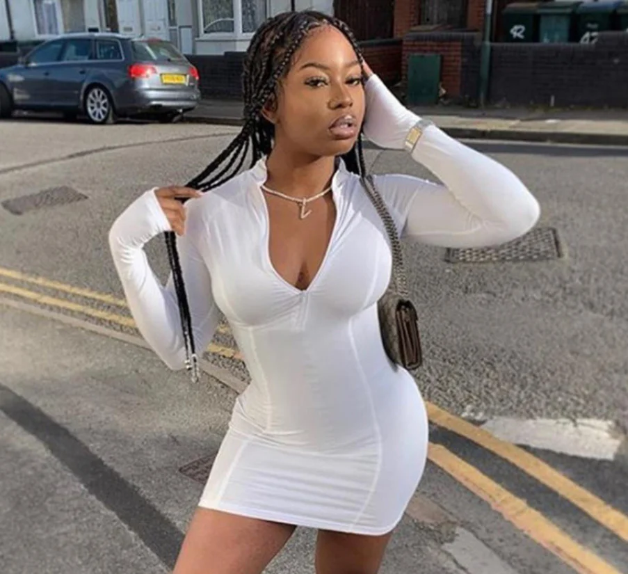 

Соблазнительное женское платье на молнии с V-образным вырезом, Осеннее однотонное лоскутное вязаное облегающее мини-платье в рубчик с длинн...