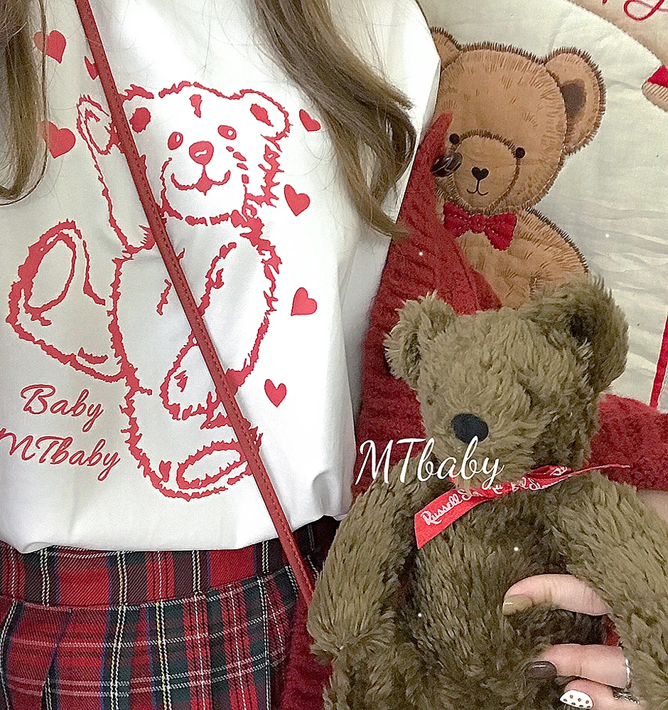 Милая женская футболка с принтом маленького сердца и медведя сезон лето весна