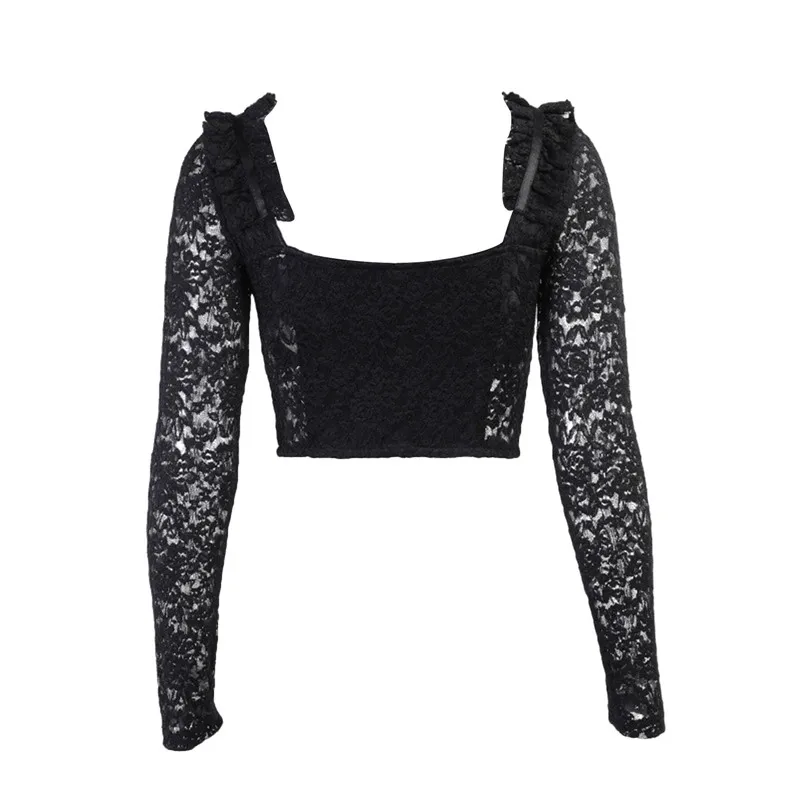 

Womens Casual Long Sleeve T-shirt Fashion Solid Color Lace Stitching Bandage Exposed Navel Tops Sexy V-neck Slim Crop Top