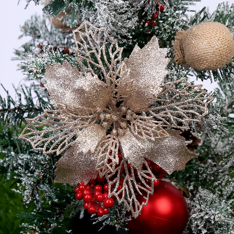Christmas Poinsettia Glitter Flower Tree Hanging Xmas Party Tree Decoration Christmas Toys Crown On The Tree Top Fir Star
