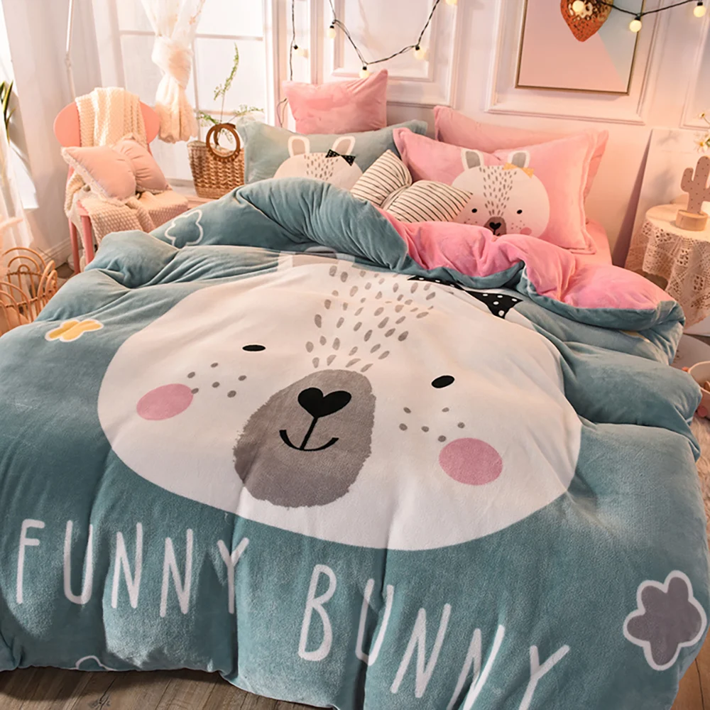 

Winter Cartoon Rabbit Flannel Quilt Cover Pillowcase Pink Flat Sheets Warm Bedding Set Green Duvet Cover King Double 200x230cm