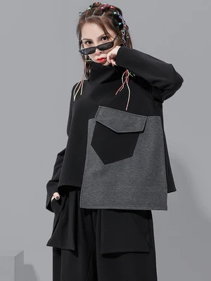 

Turtleneck sleeve irregular simple color splicing large-size with t long-sleeve women's clothing